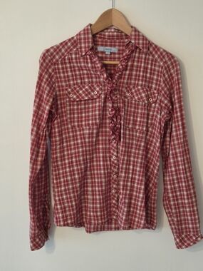 Vintage Jessica Red Plaid Ruffle-Front Button Down Shirt